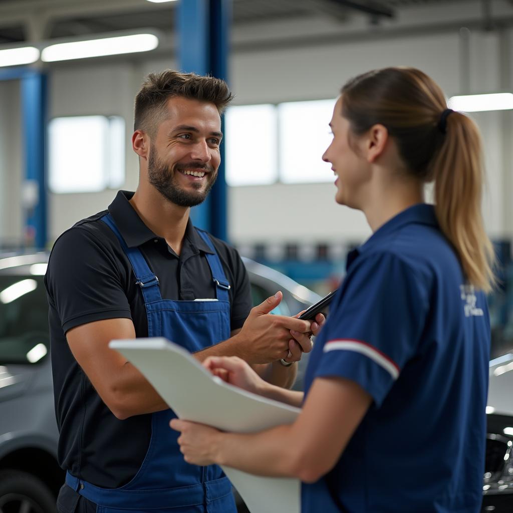 Customer discussing auto repair options with a service advisor