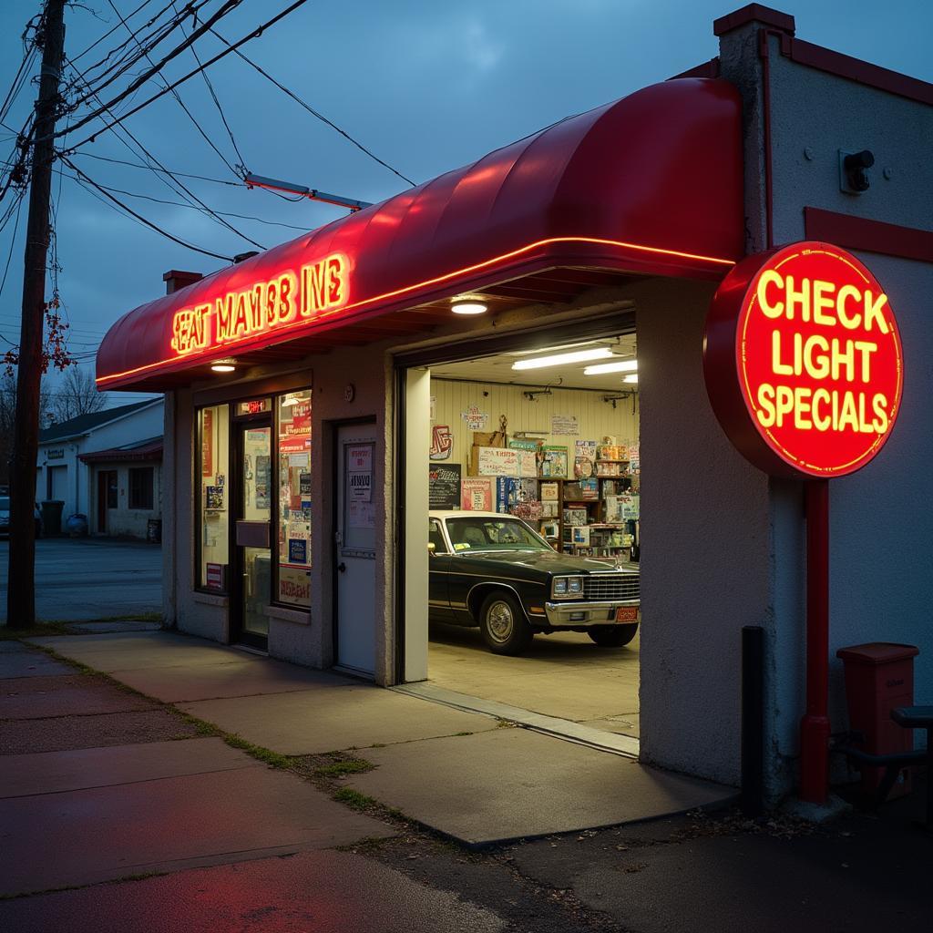 A modern and inviting auto repair shop with a sign offering check engine light service specials