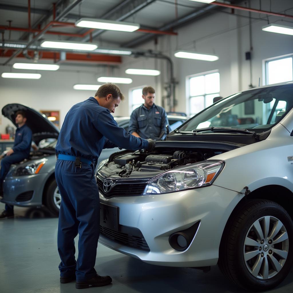 Skilled technicians working on a car inside a modern auto repair shop in Garner