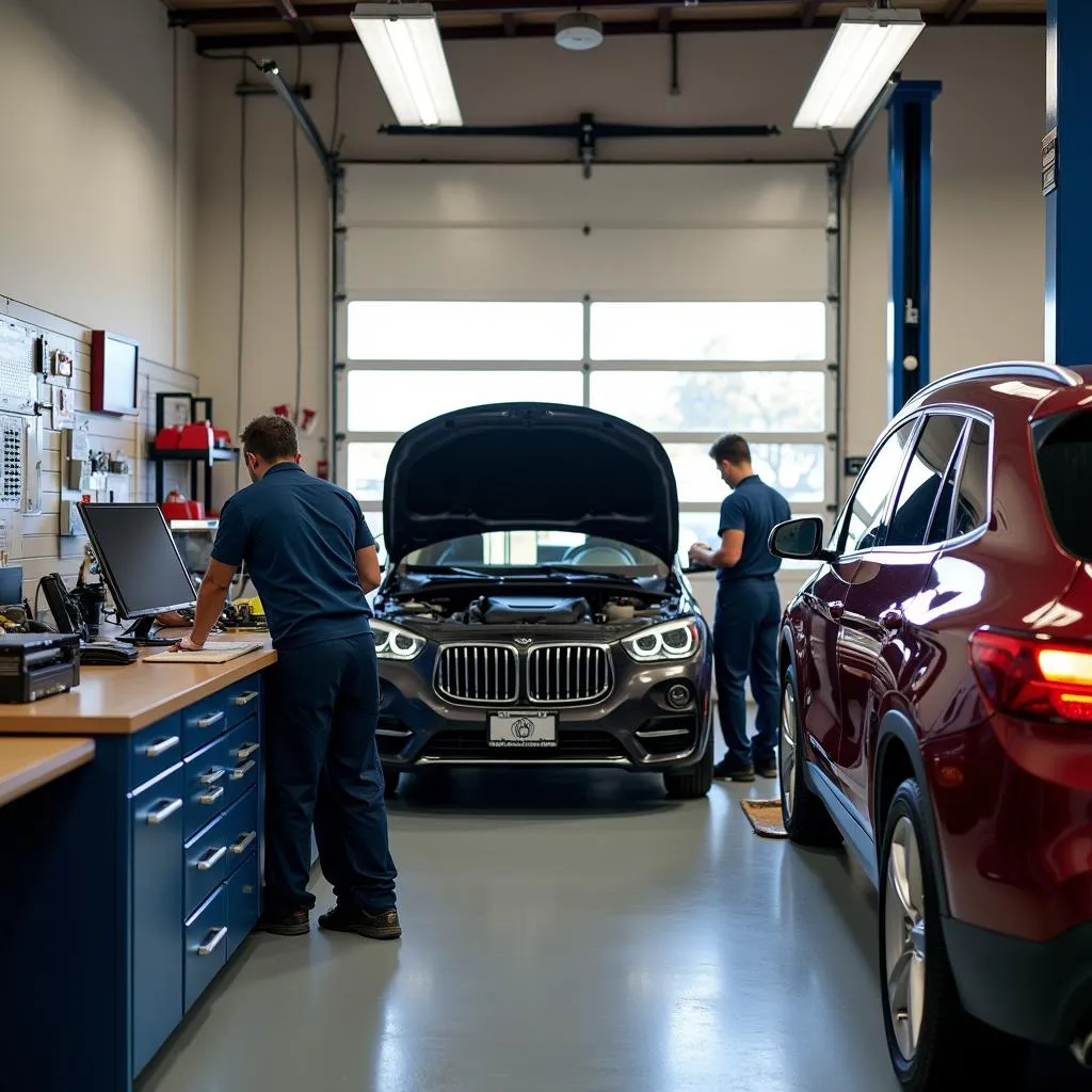 Modern auto repair shop interior with mechanics working