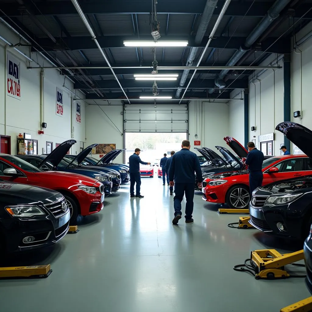 Modern auto repair shop interior with mechanics working