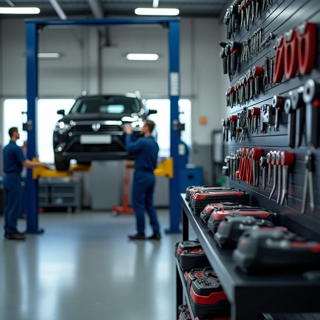 Modern auto repair shop interior with technicians working