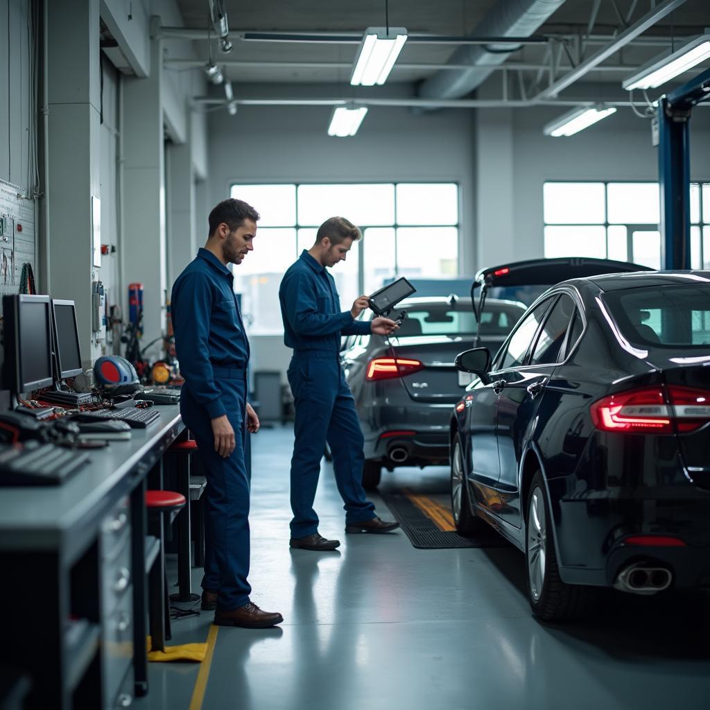 Modern auto repair shop interior with mechanics working