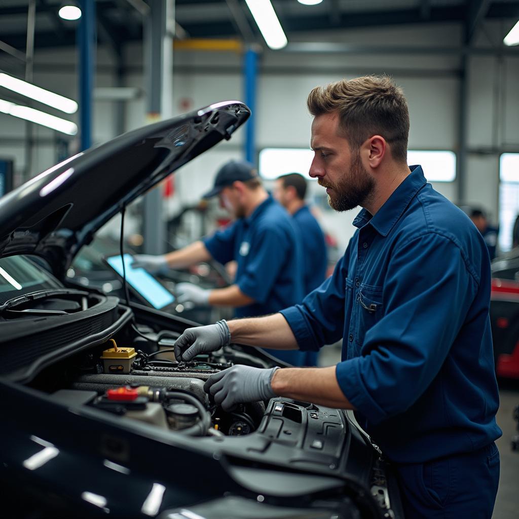 Busy Auto Repair Shop with Mechanics Working