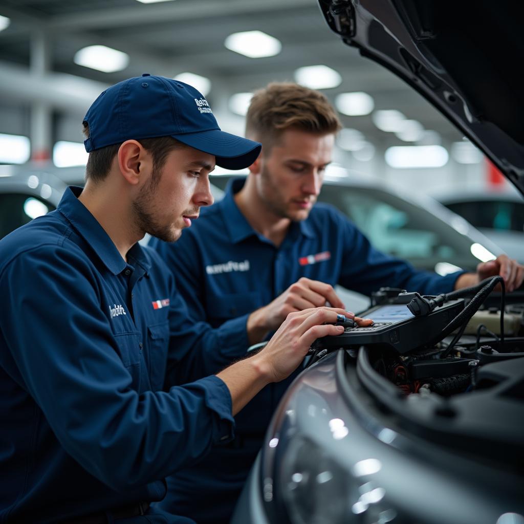 Mechanics working in an auto repair shop in Kapei