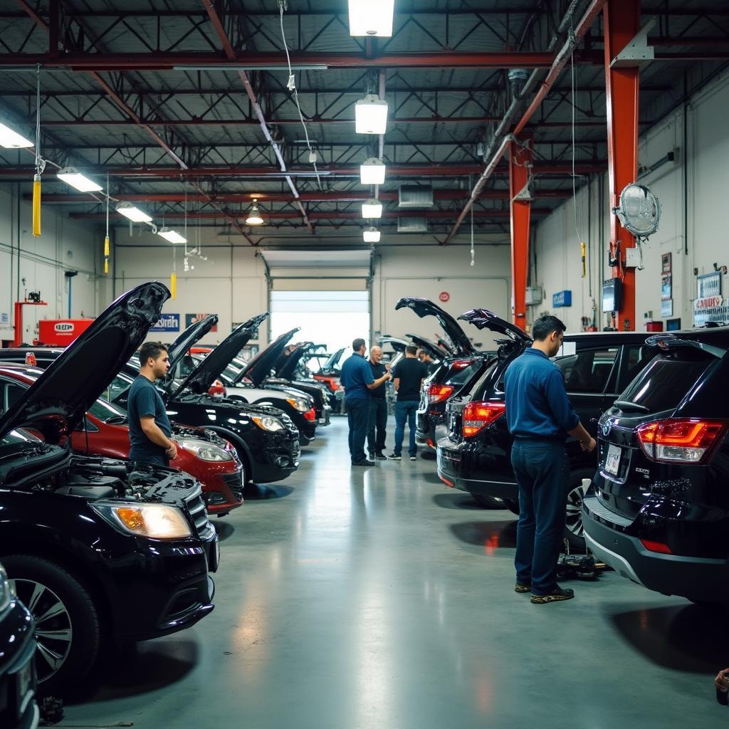 Busy auto repair shop in Kelowna with mechanics working on various vehicles