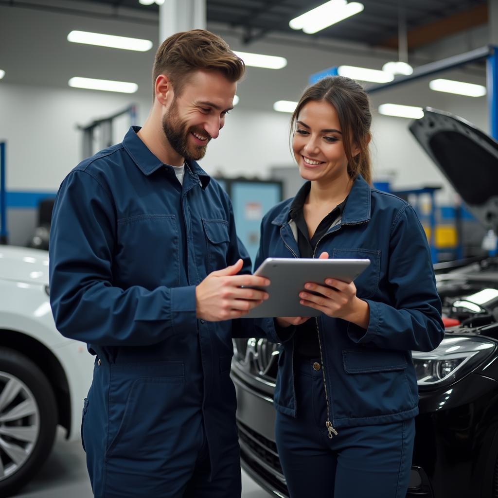 Customer discussing car repair with a mechanic in Lawrence