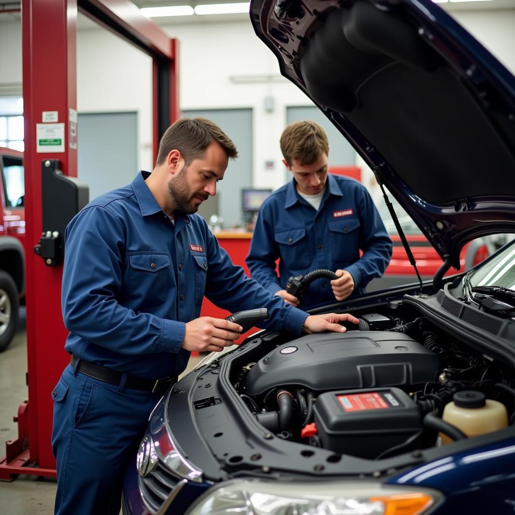 Mechanics working on a car in an auto repair shop on Lineville Rd