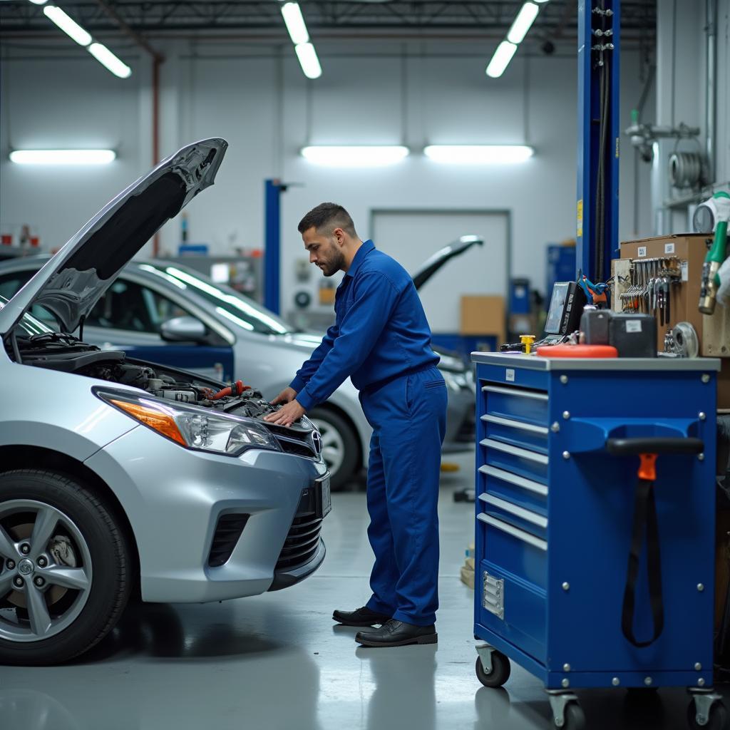 Mechanic working on a car in an auto repair shop