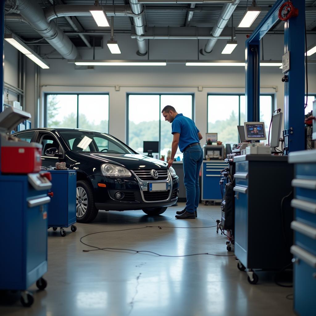 Mechanic working on a car in a modern auto repair shop near St Thomas University