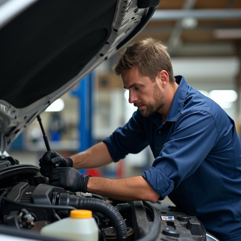 Mechanic performing a multi-point inspection on a vehicle