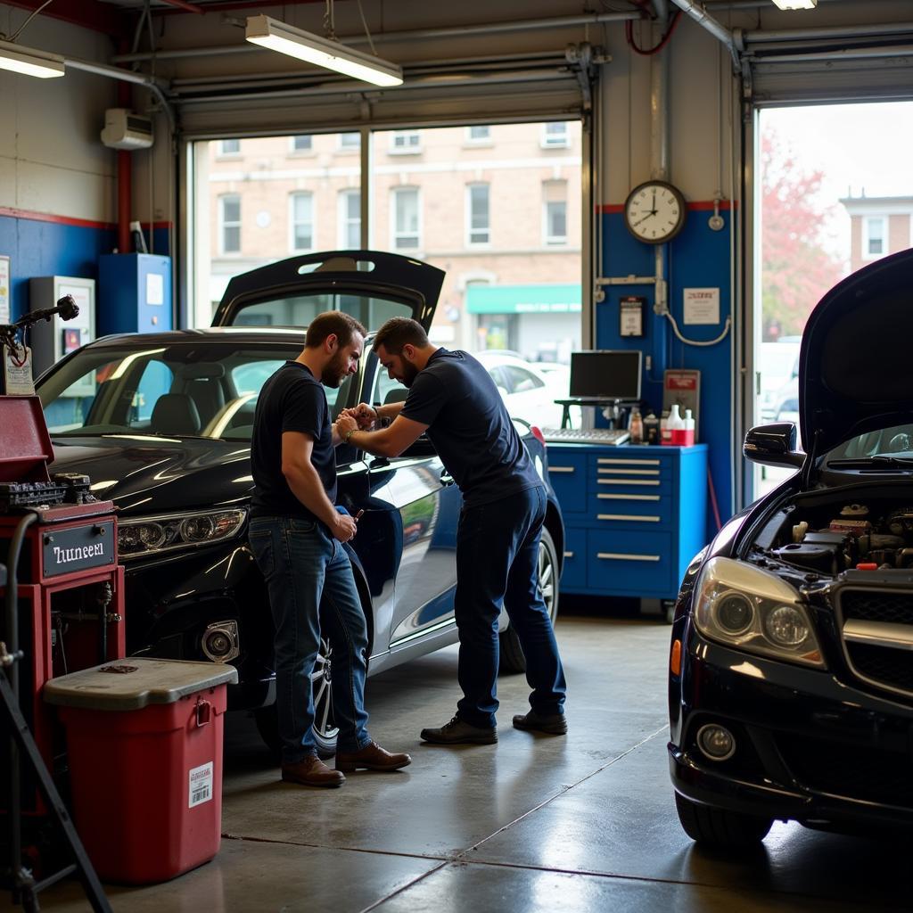 Auto repair shop in Somerville with mechanics working on a car