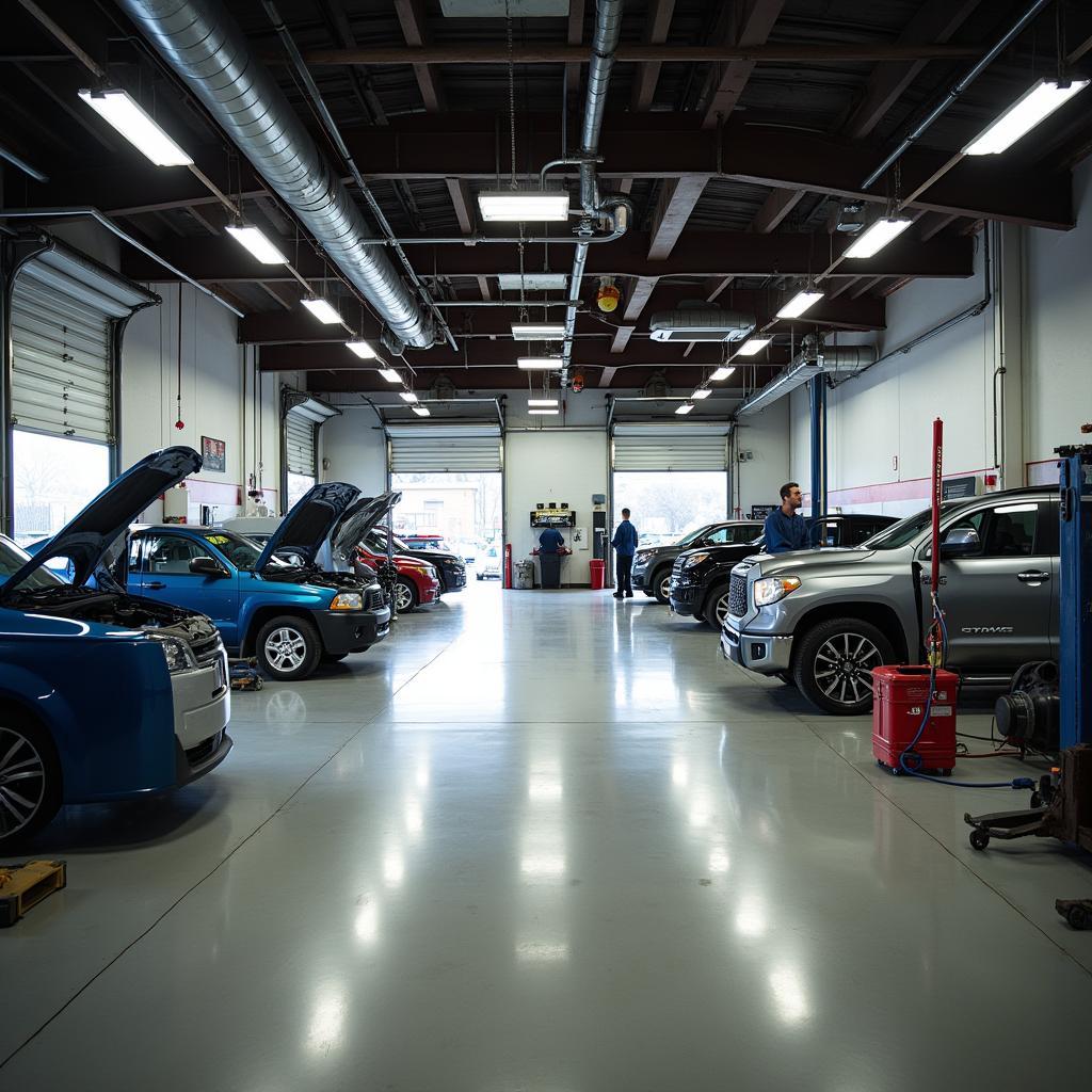 Busy auto repair shop interior on Sterling Ave, Palatine