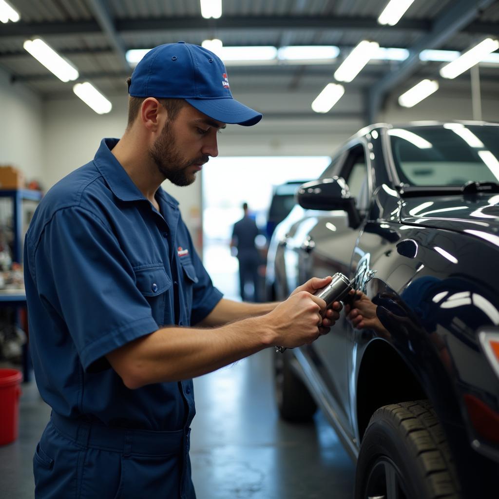 Auto repair shop in Willmar, MN with a mechanic working on a car