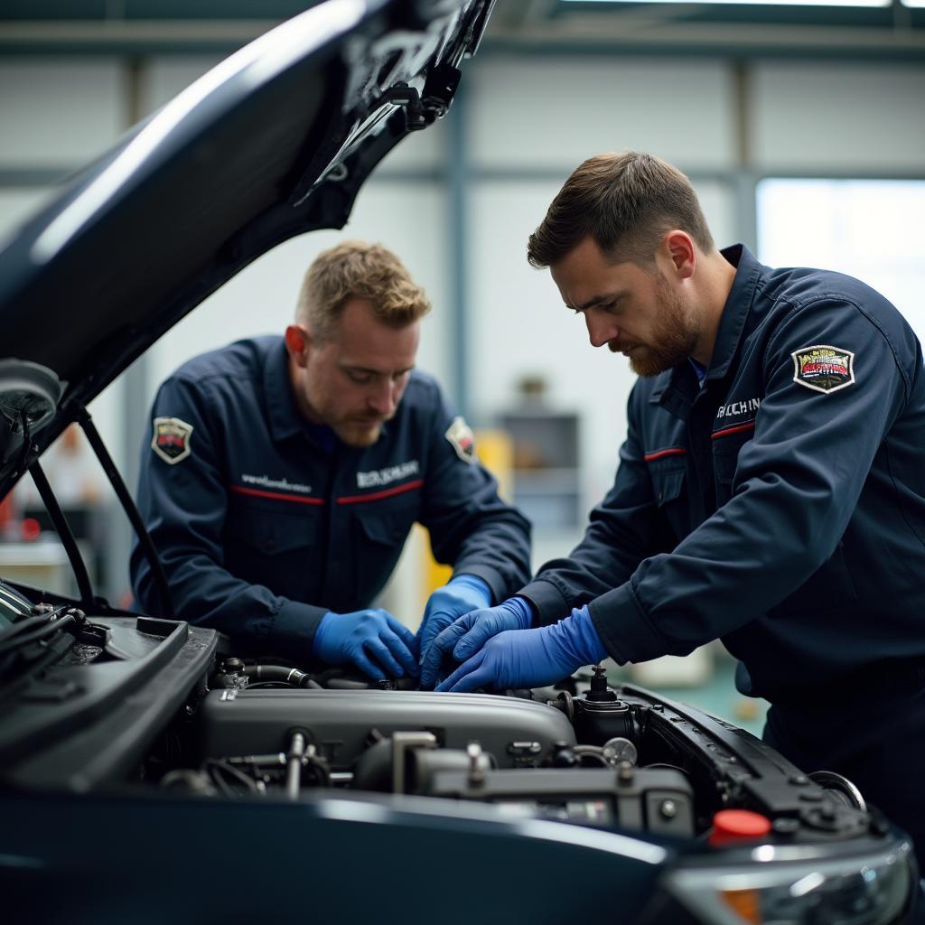 Skilled mechanics working on a car engine in a professional repair shop.