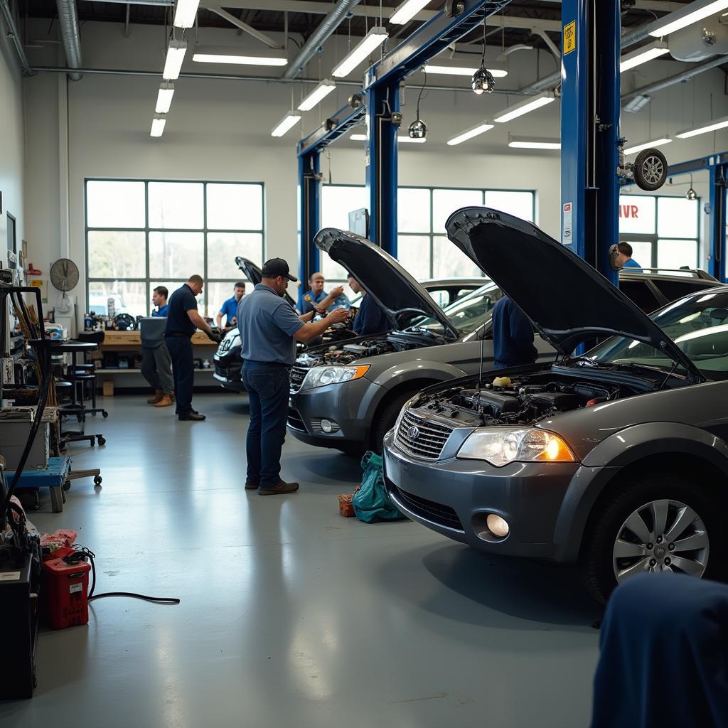 Car repair shop in York Region with mechanics working on a vehicle