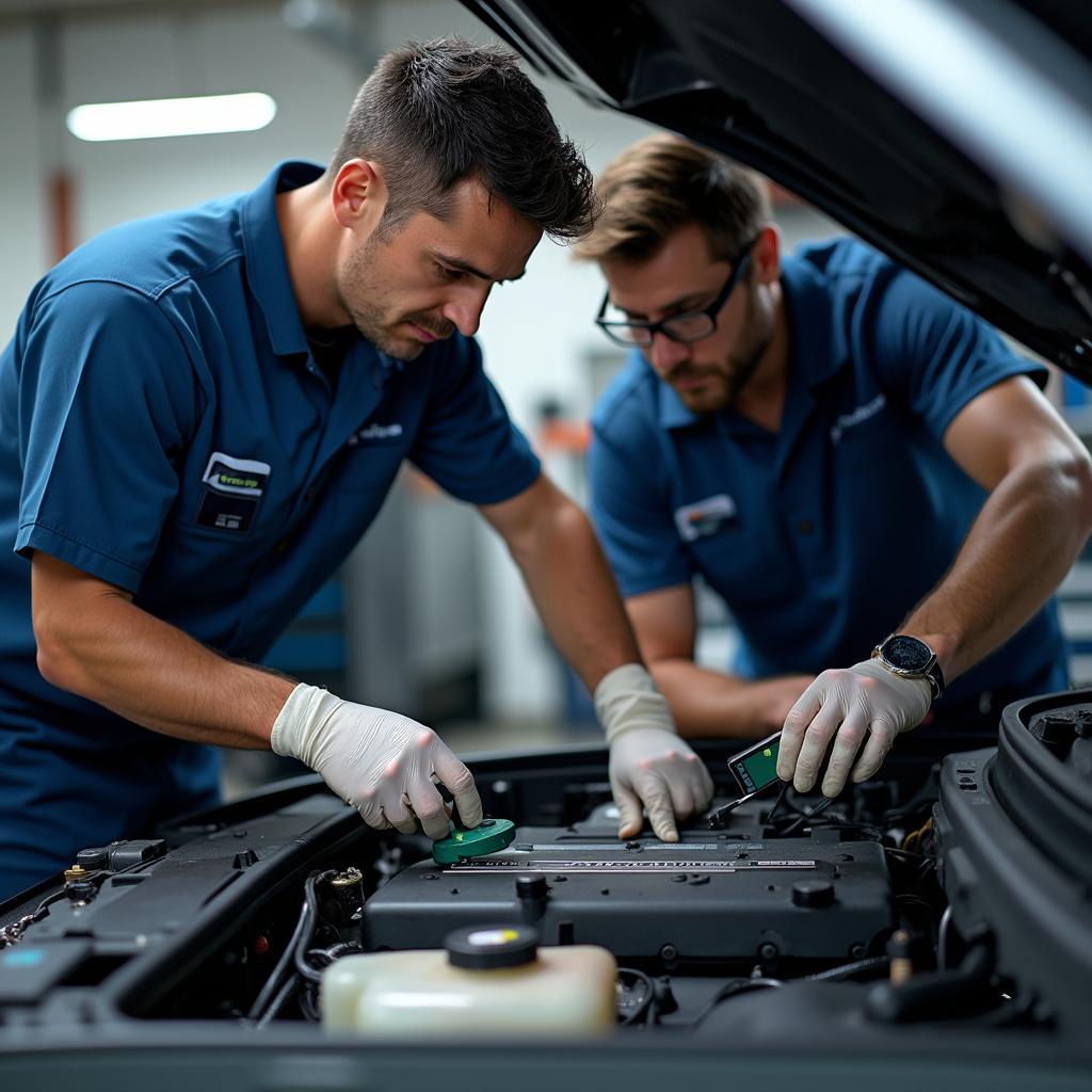 Skilled technicians diagnosing and repairing a car engine in a professional workshop