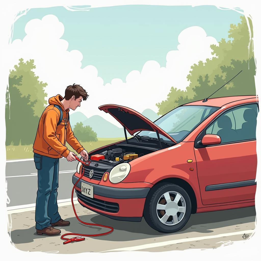 Car receiving auto restart service on the road