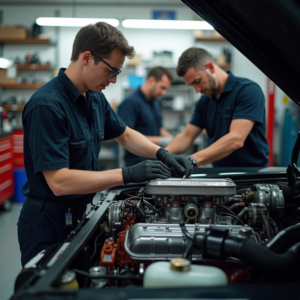 A team of mechanics working on a classic car engine in Lauderhill