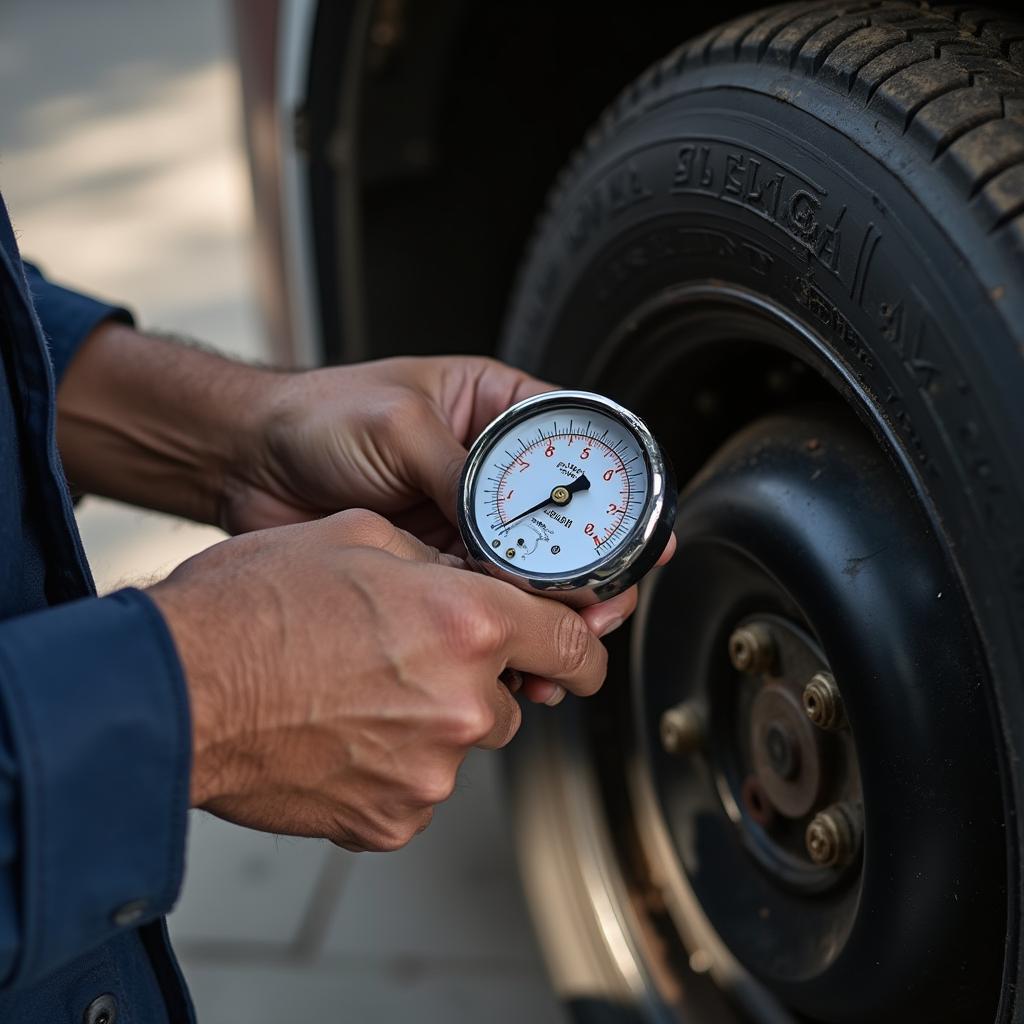 Mechanic Checking Auto Rickshaw Tire Pressure