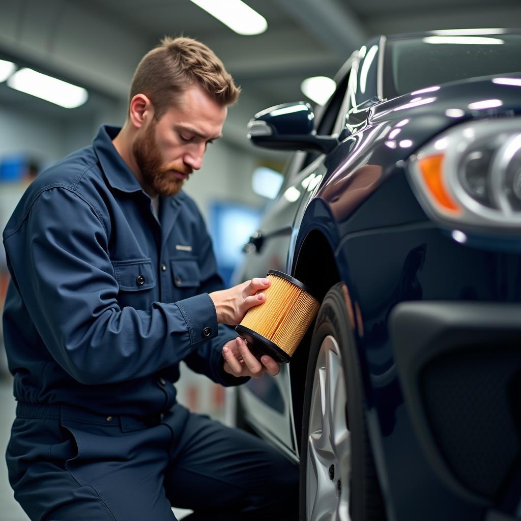 Technician performing an oil change on a vehicle