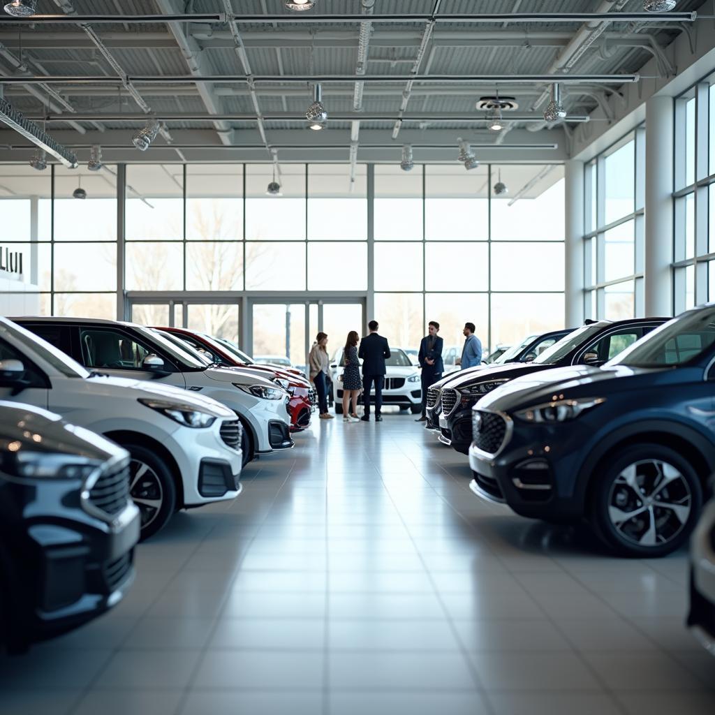 Modern car dealership showroom with a wide selection of new vehicles