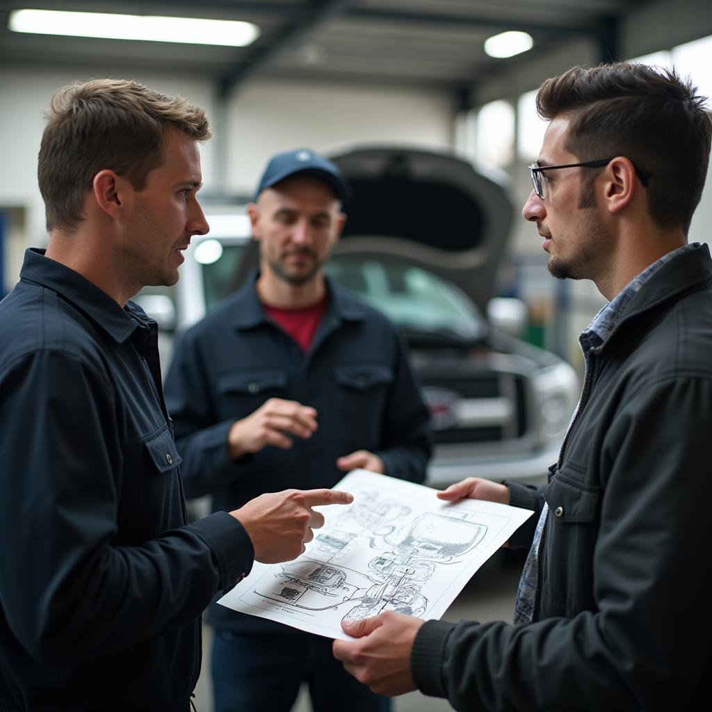 Customer talking to a mechanic in an auto service shop