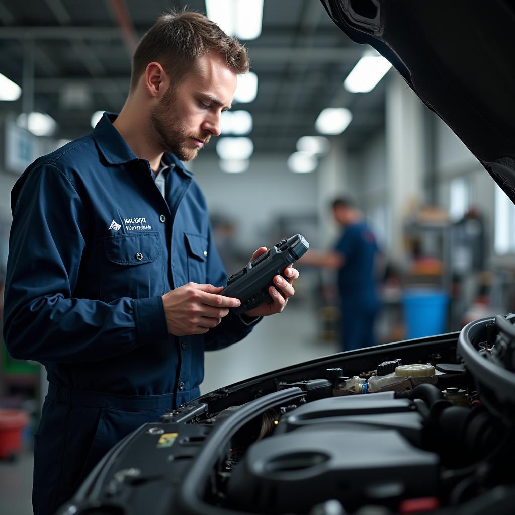 Mechanic inspecting a car in a modern repair shop