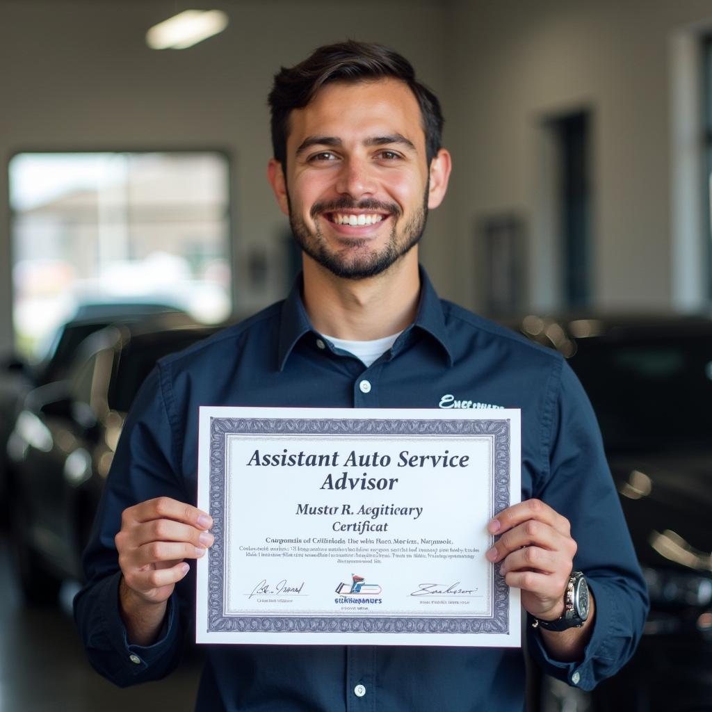 Assistant auto service advisor holding their auto service advisor certification