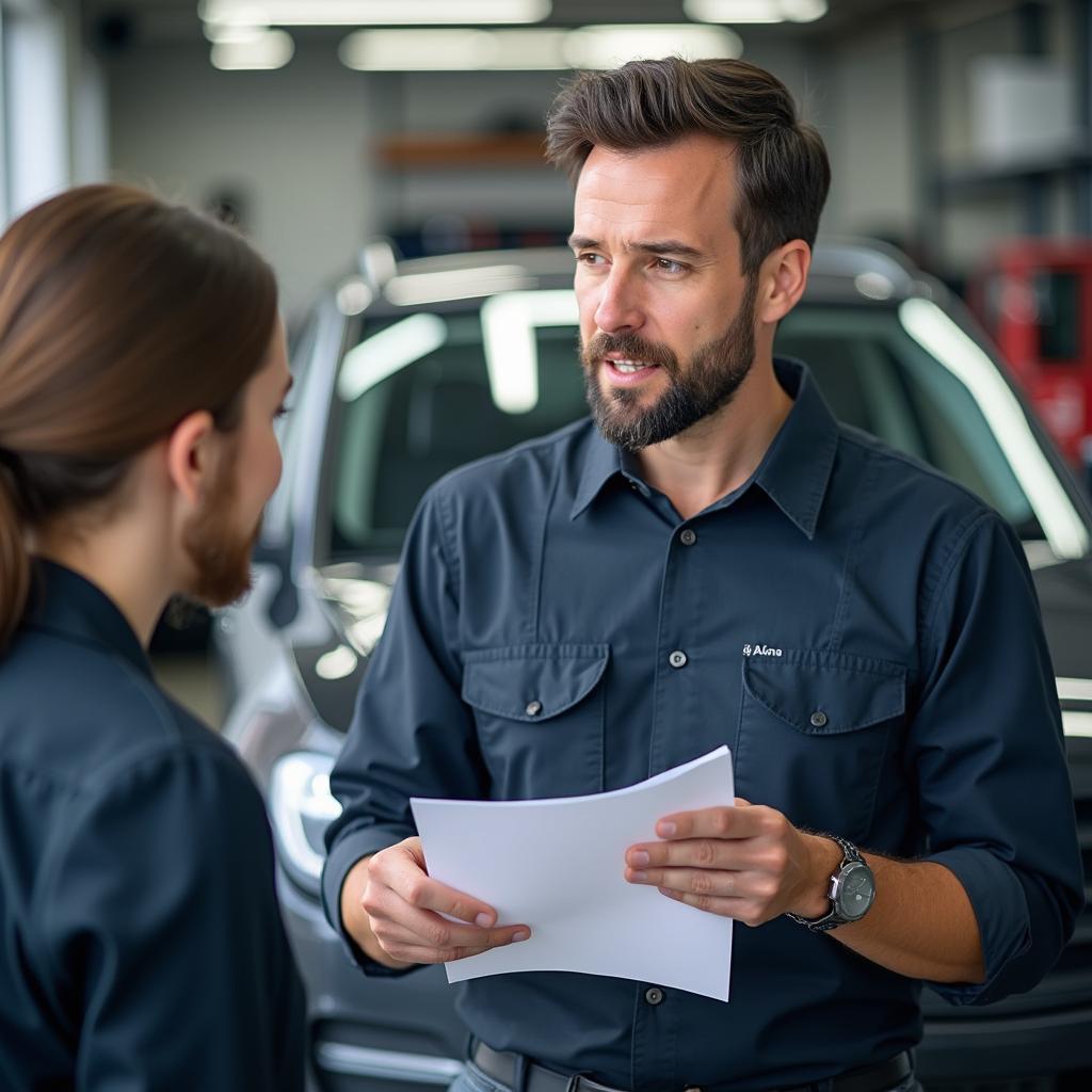 Auto Service Advisor Discussing Repair Options with Car Owner