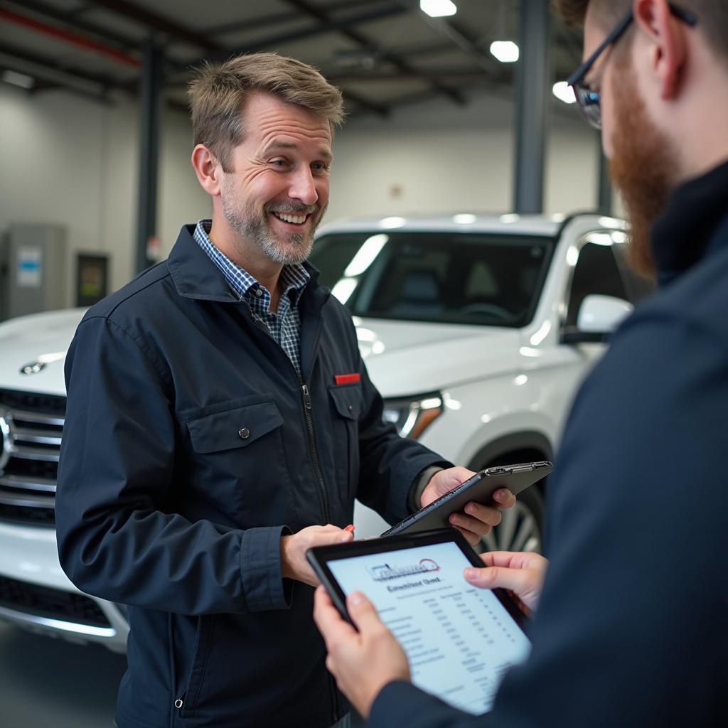 Auto service advisor explaining a repair to a customer