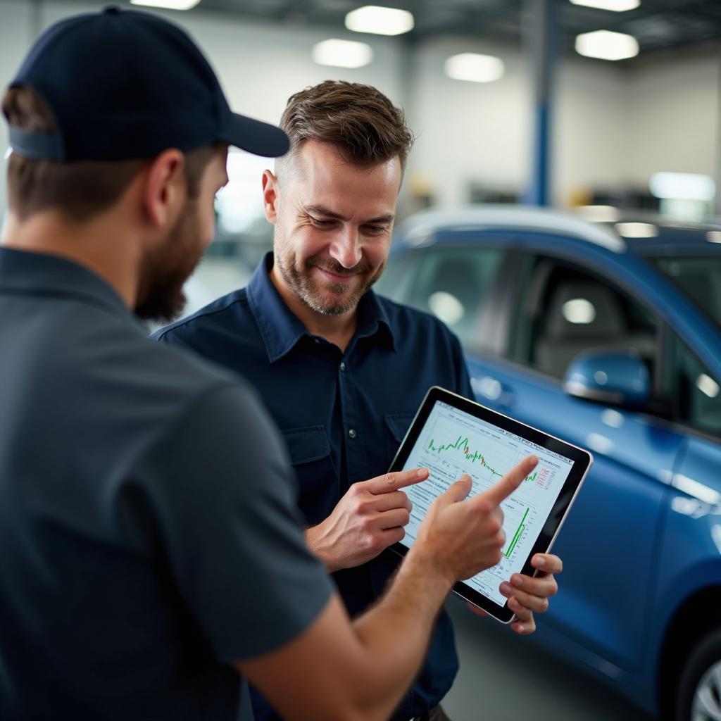 Auto service advisor explaining car issues to customer