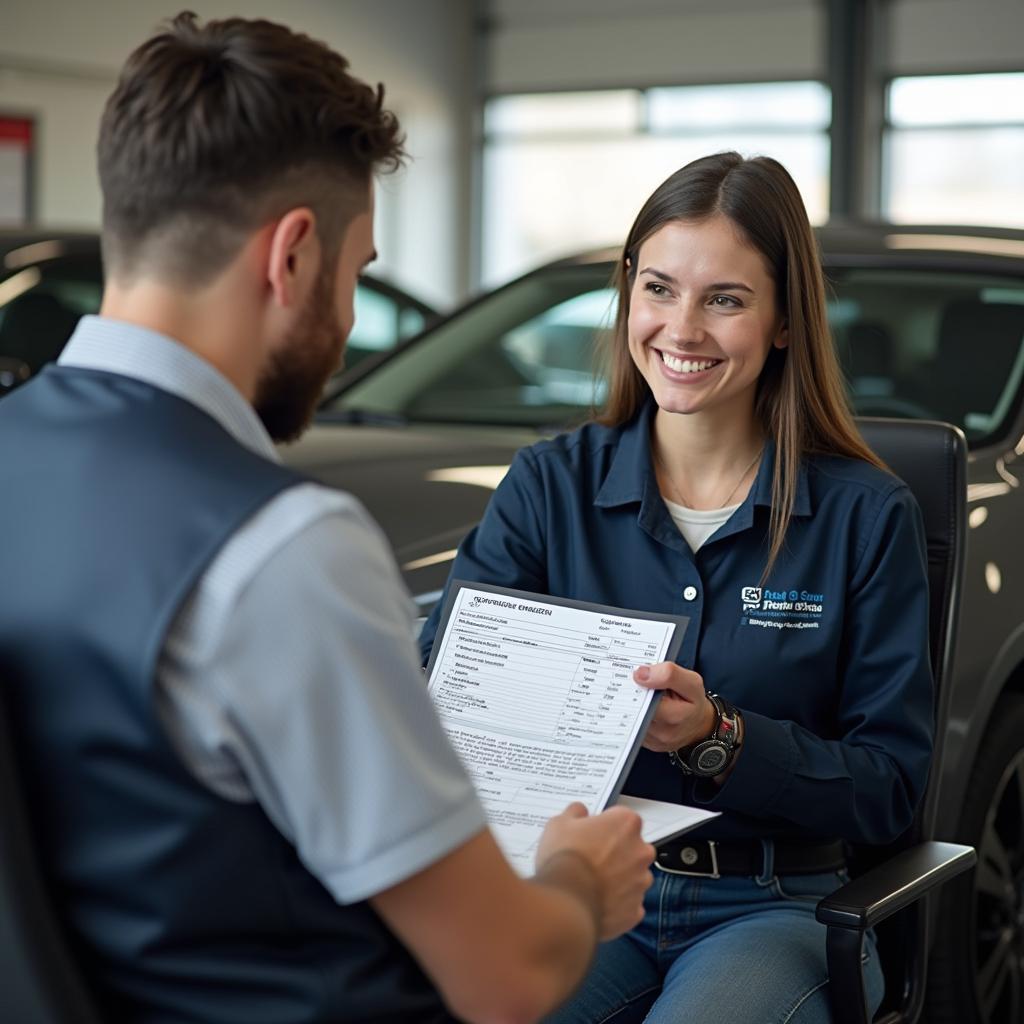 Auto service advisor explaining a repair estimate