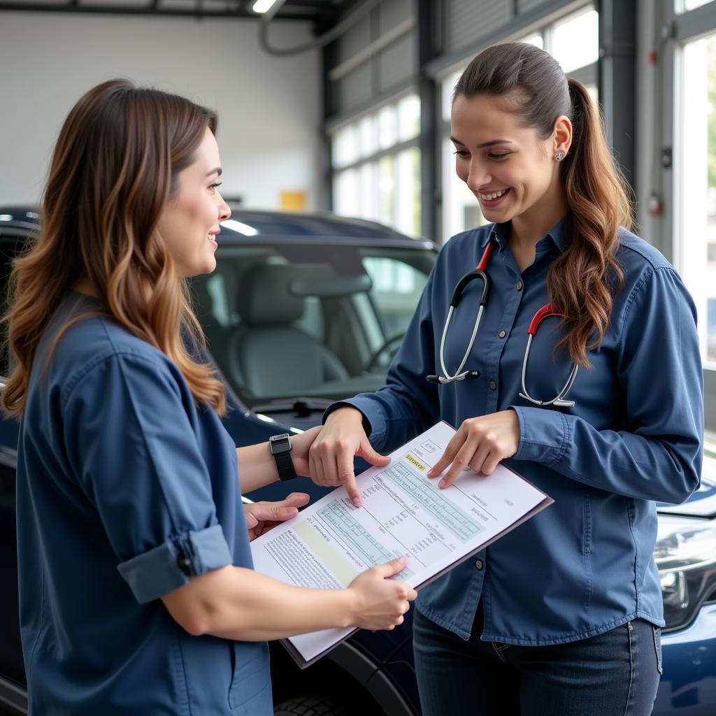 Auto service advisor explaining a repair estimate to a customer