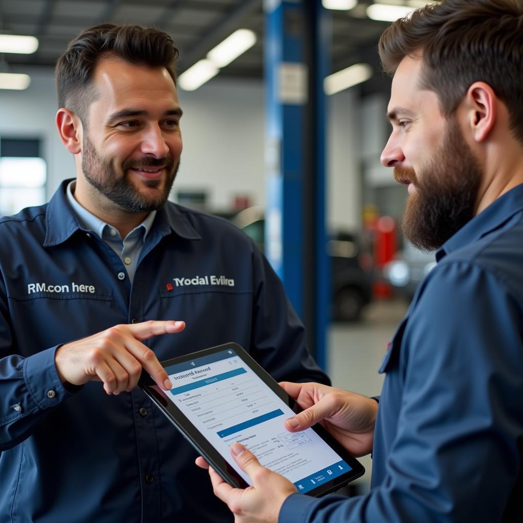 Auto service advisor explaining repair estimate to a customer