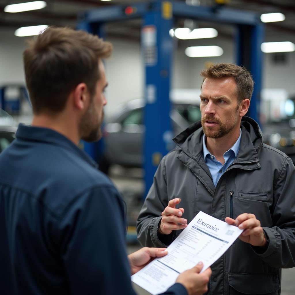 Auto service advisor discussing car repair with customer in Gallatin