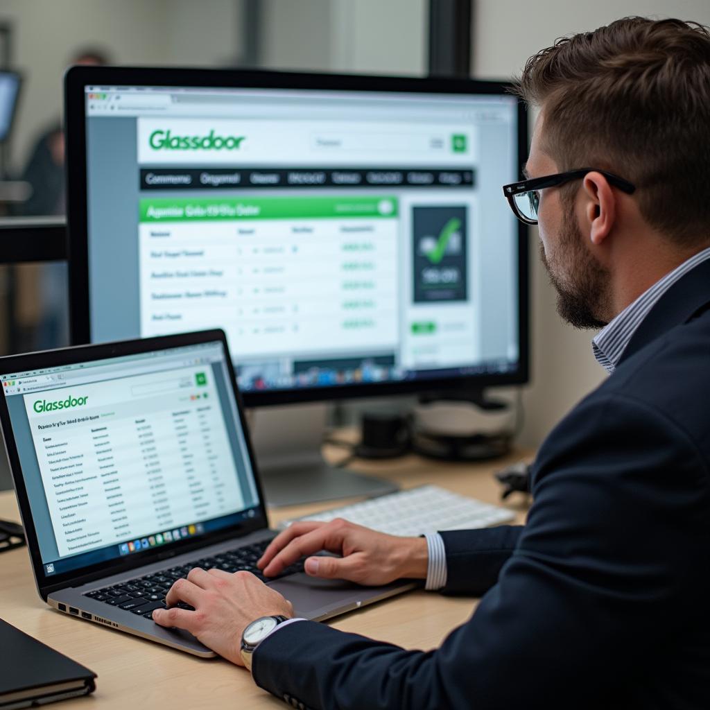 Auto service advisor reviewing salary information on Glassdoor