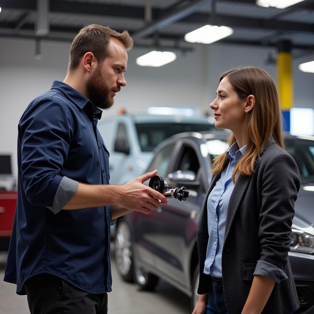 Auto service advisor showing car parts to a customer