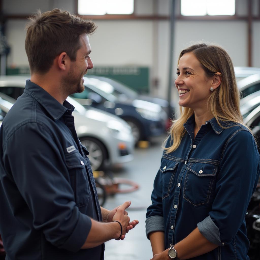 Customer discussing car service with mechanic on Beamish Street