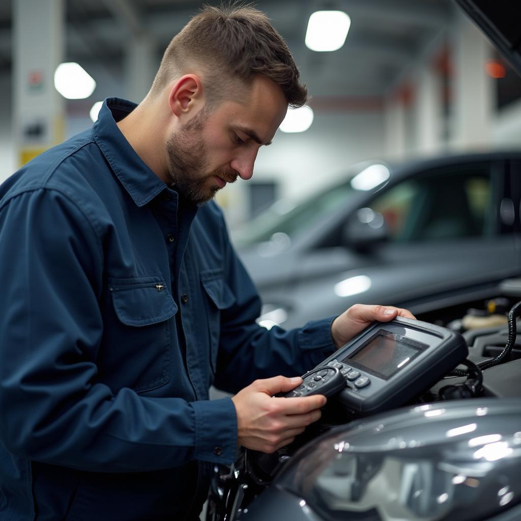 Mechanic performing diagnostics on a car in Blankenfelde