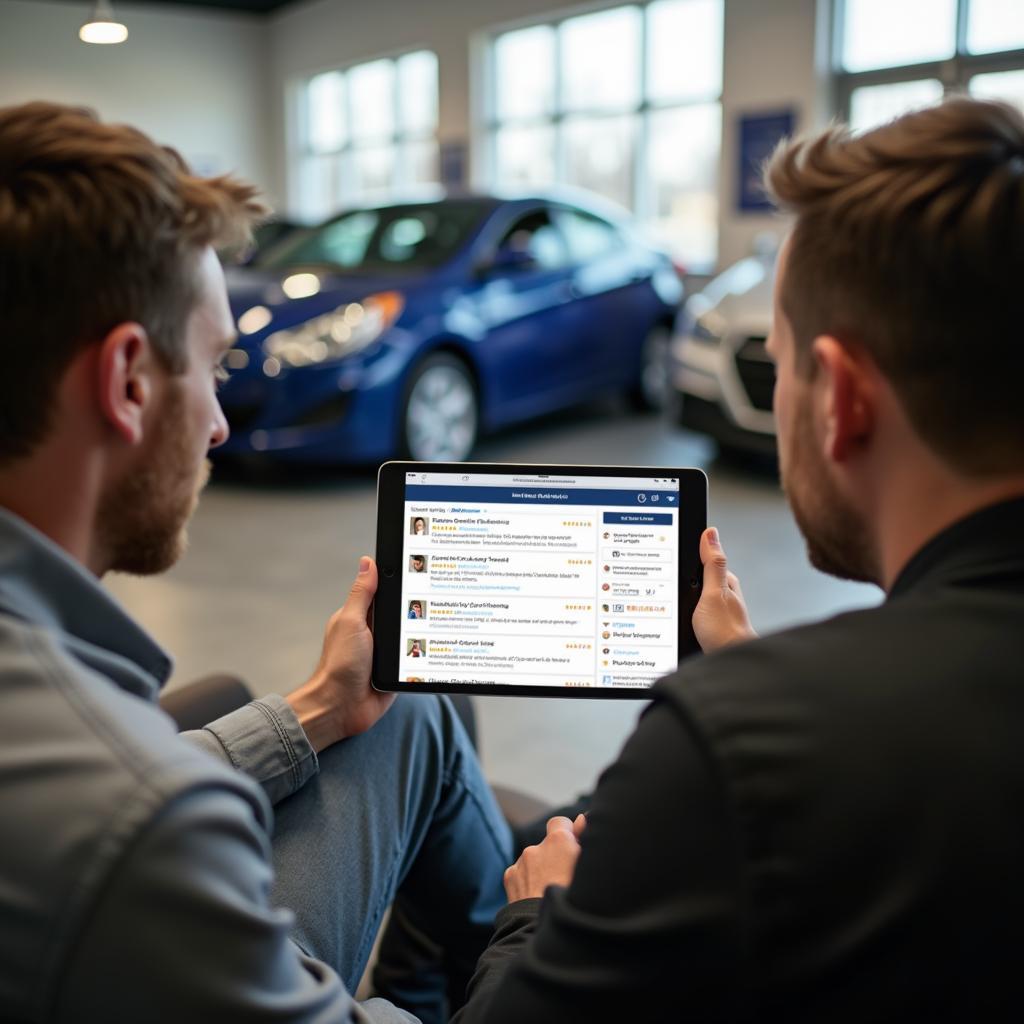 Customers reading online reviews for auto service in Bloomfield Hills