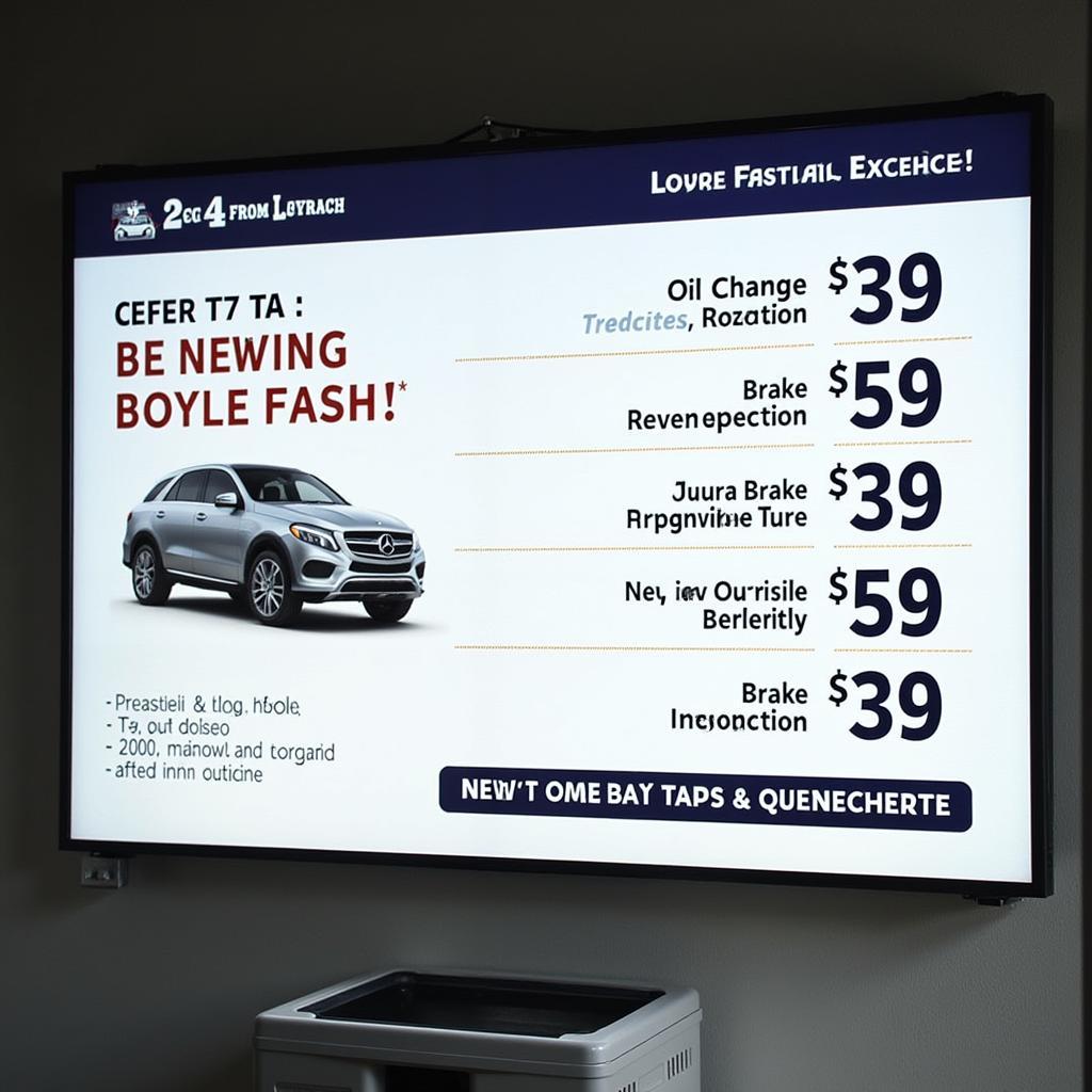 Various auto service bundles advertised on a digital board