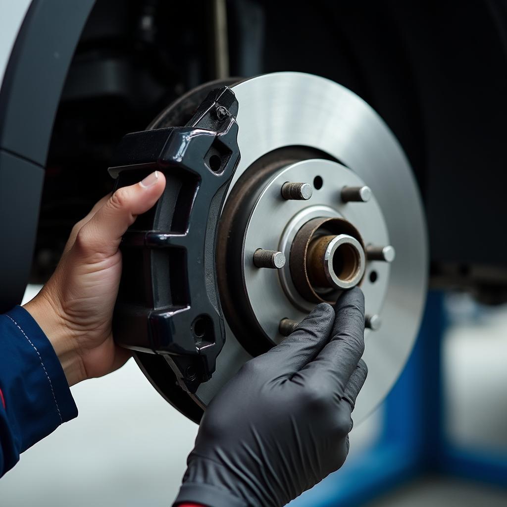 Close-up of car brakes being inspected in an auto service center in Ellicott City, MD