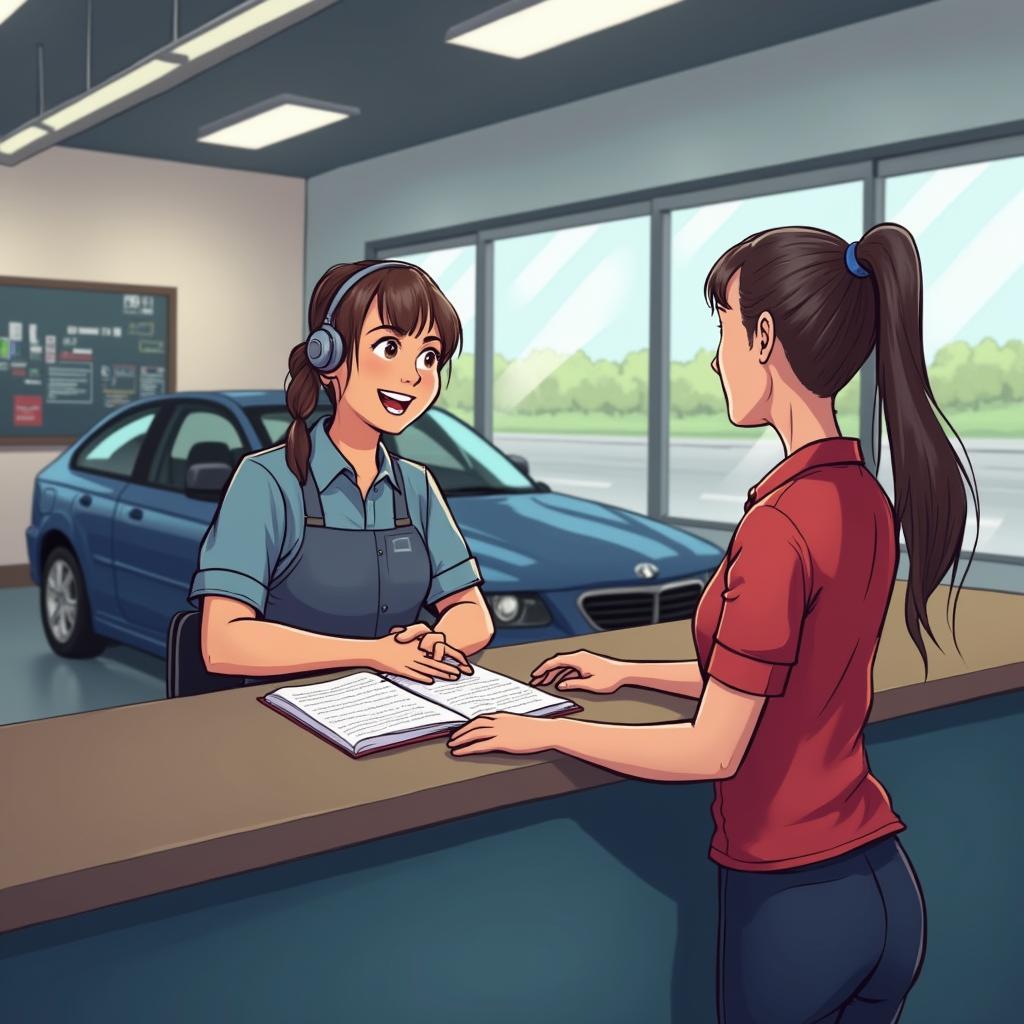 Customer service representative talking to a customer in an auto service center in Ellicott City, MD