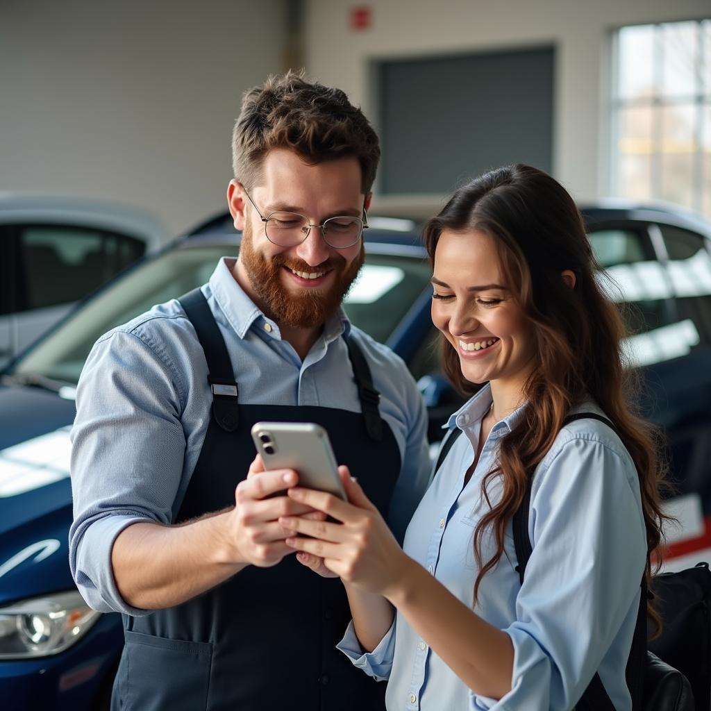 Customers reading auto service center reviews on their phones in Santa Ana