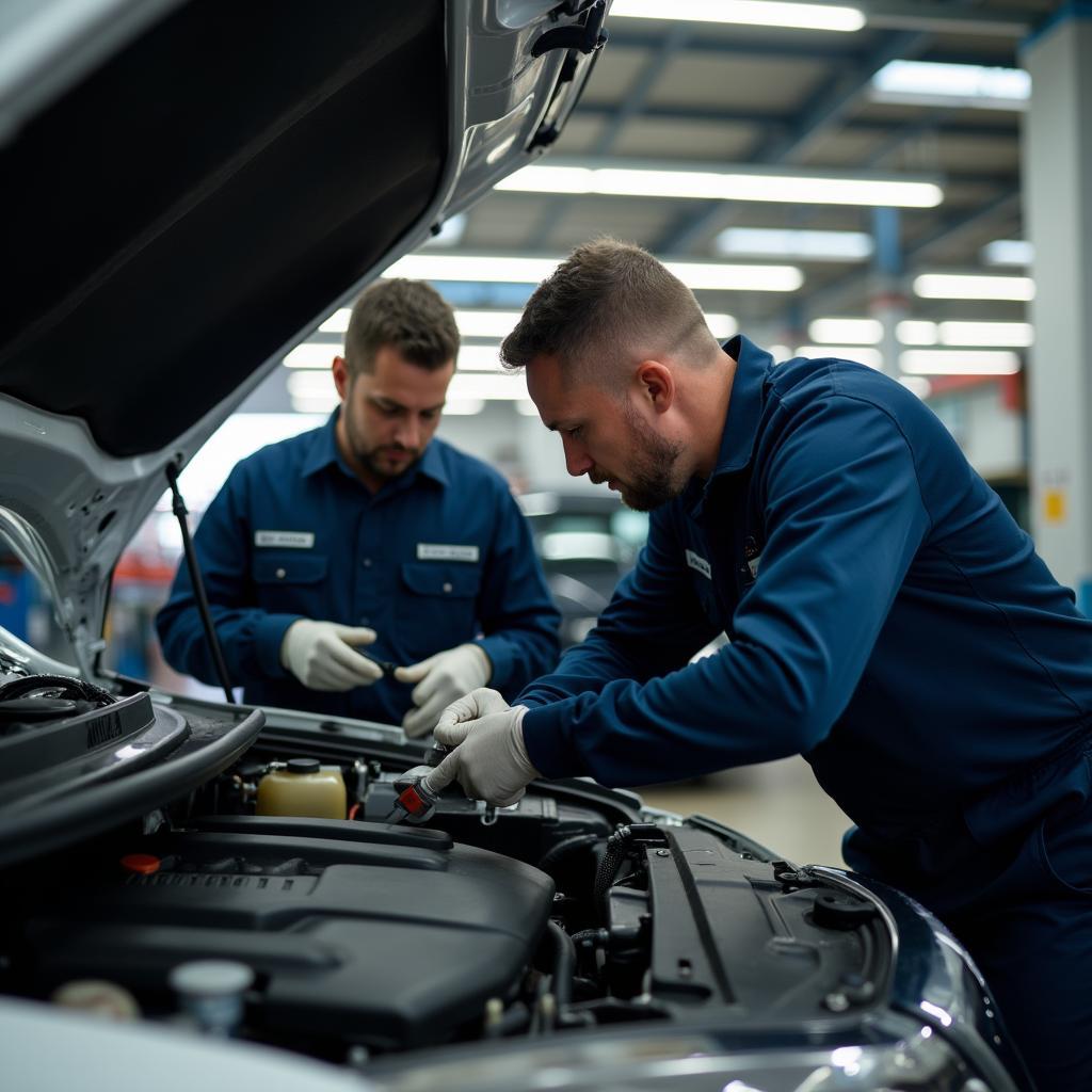 Skilled Technicians Working on a Car Engine