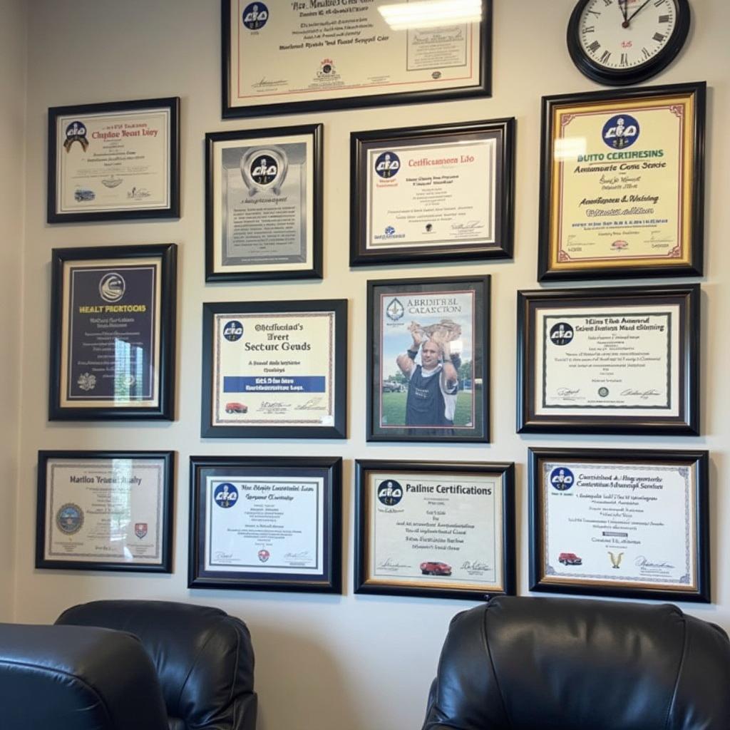 ASE certifications displayed on the wall of an auto service shop in Port St. Lucie