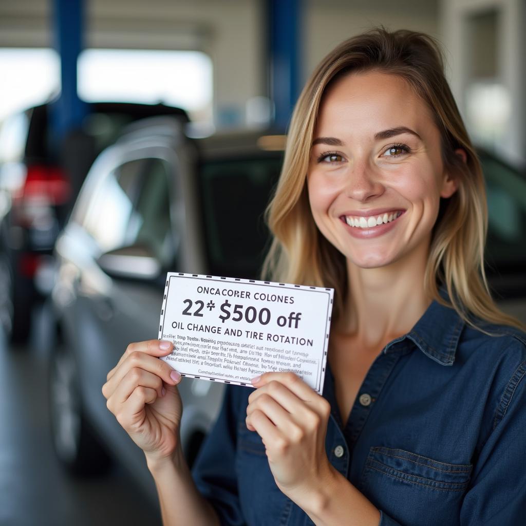 Woman Holding Discount Coupon for Auto Service in Milwaukie