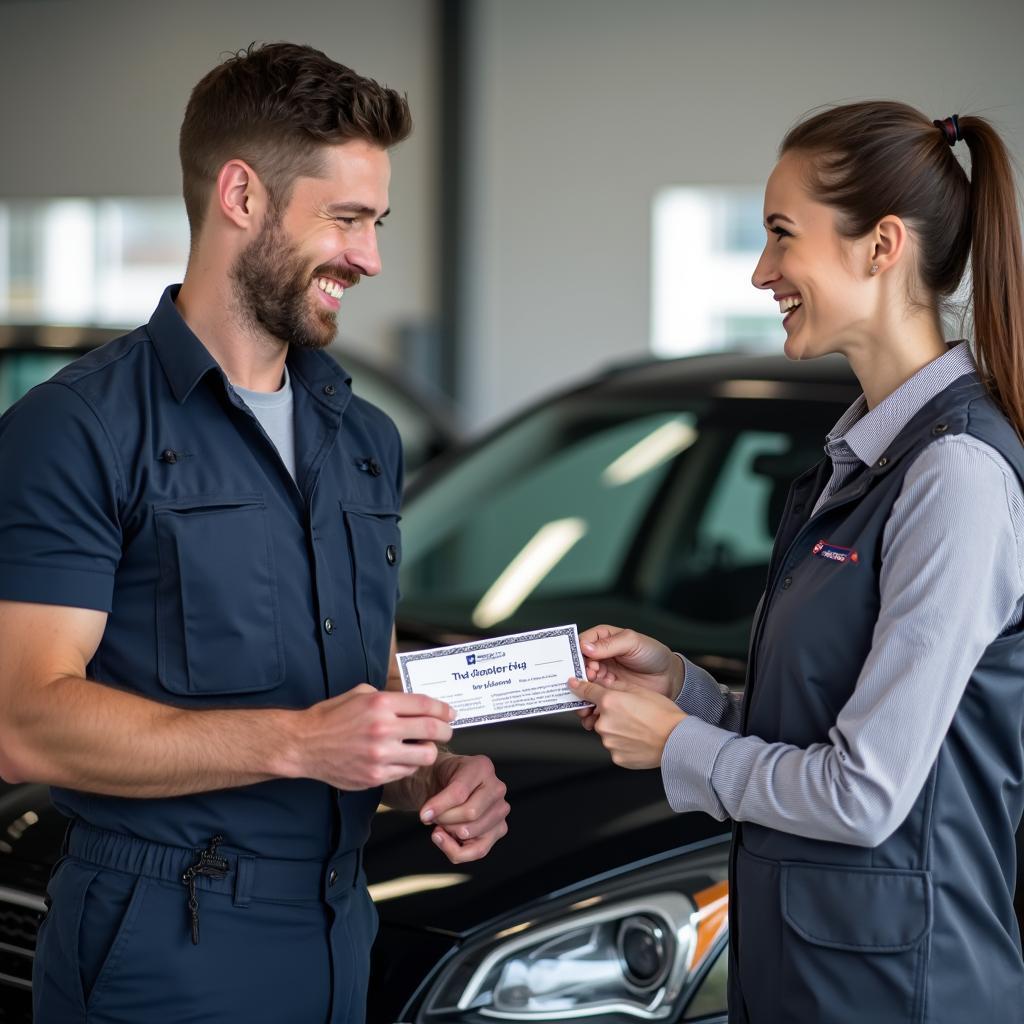 Mechanic handing a coupon to a car owner