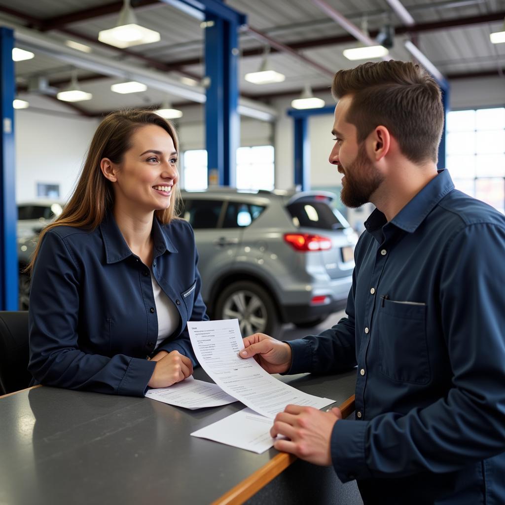 Customer Discussing Auto Service Invoice